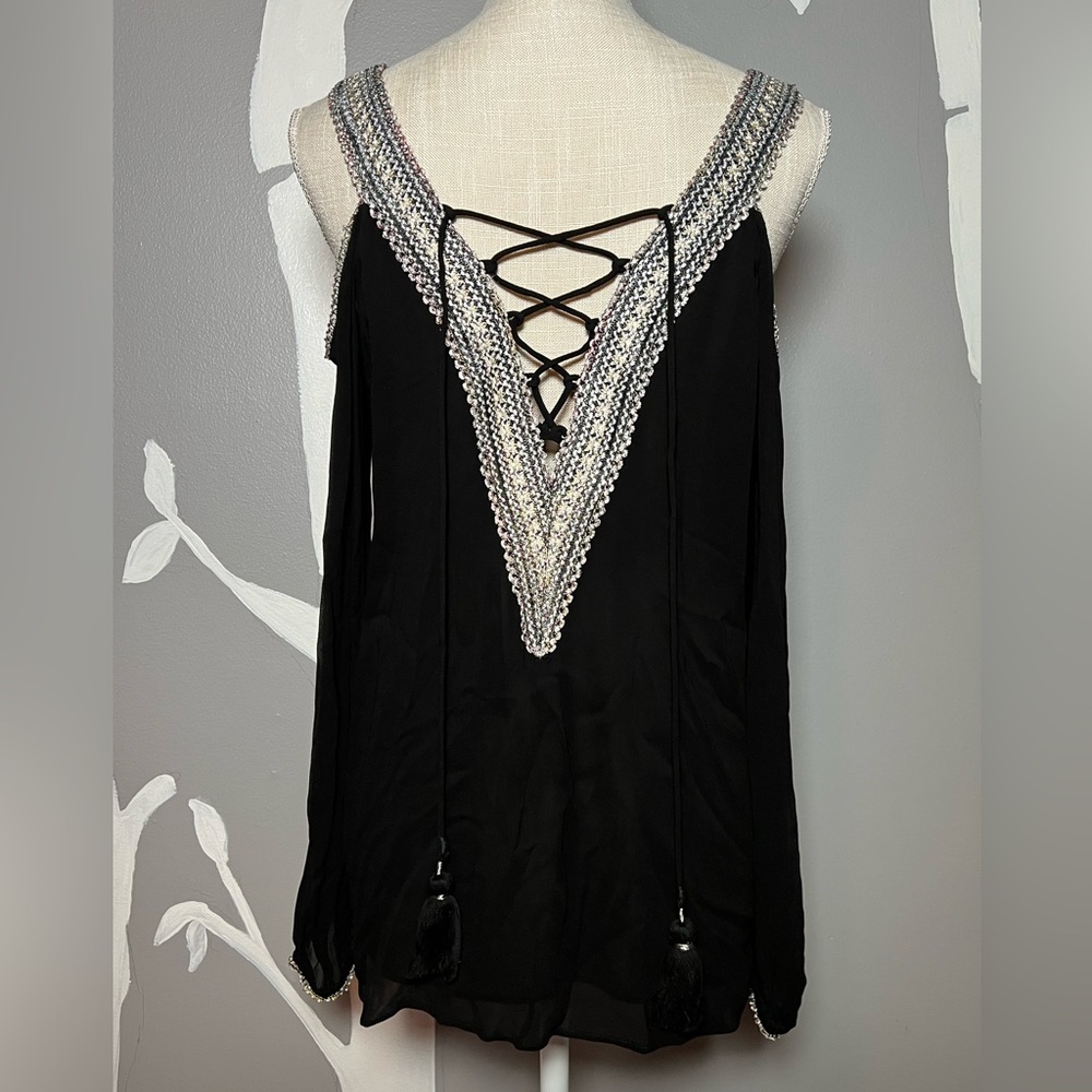 Love Sam (Anthropologie) Black Gold Cold shoulder top with embellishment